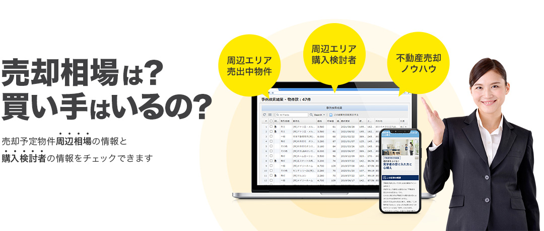 売却相場は？買い手はいるの？売却予定物件周辺相場の情報と、購入検討者の情報をチェックできます