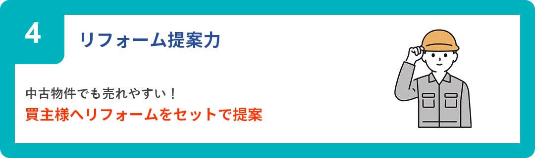 リフォーム提案力 中古物件でも売れやすい！
買主様へリフォームをセットで提案